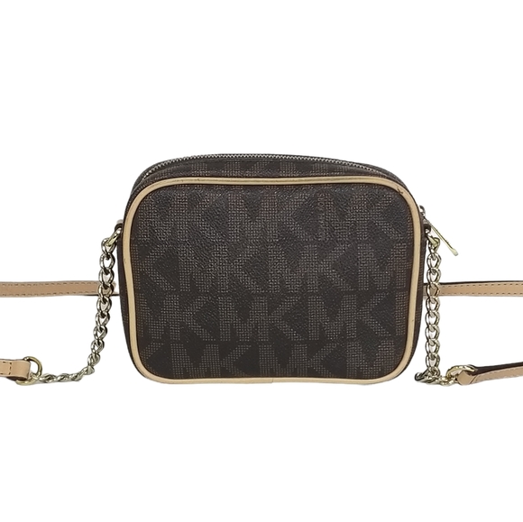 Michael Kors Jet Set Monogram Crossbody Bag Gold Logo Plate & Chain - Picture 5 of 15